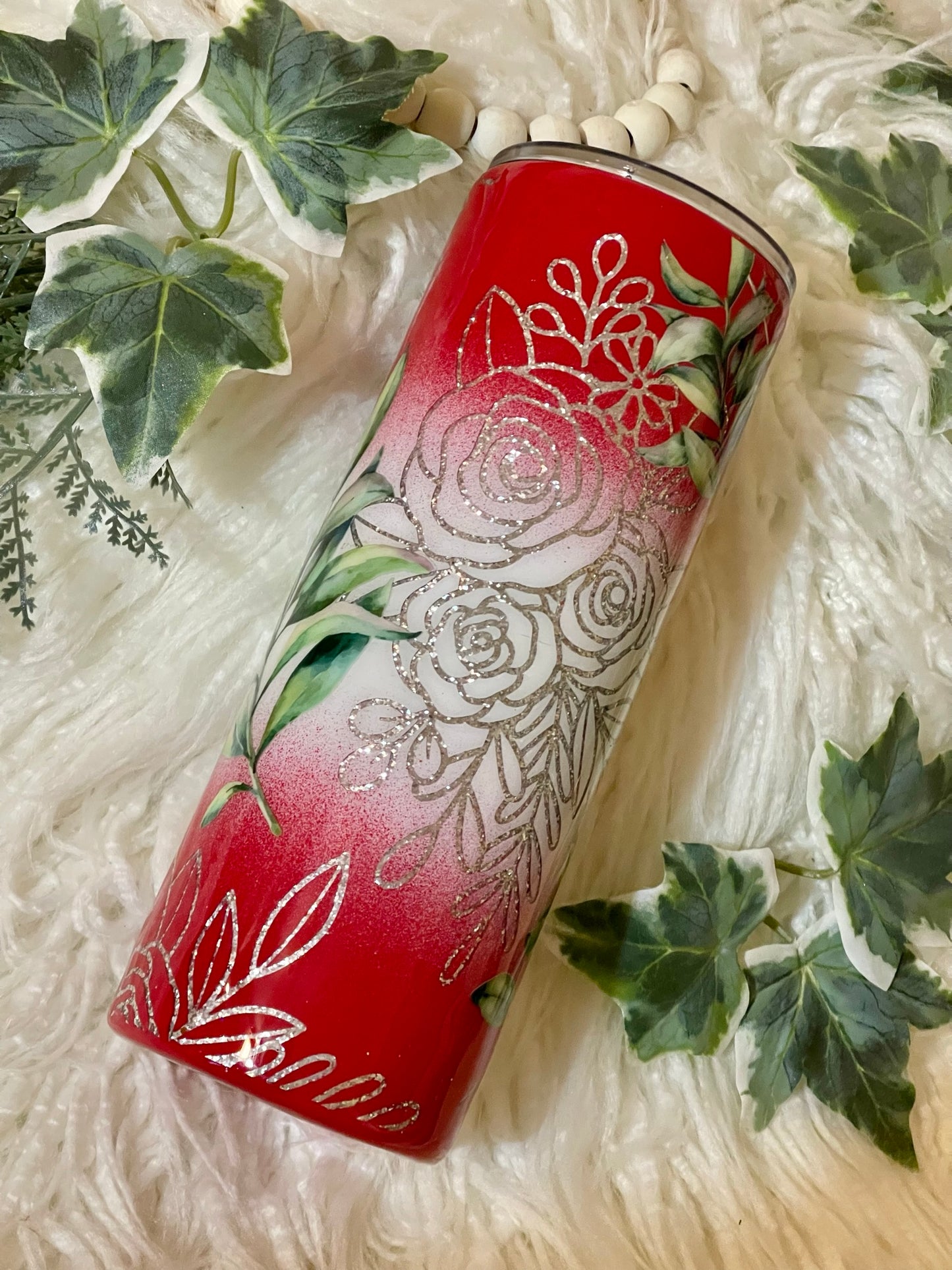 Red and White silver floral 24 oz